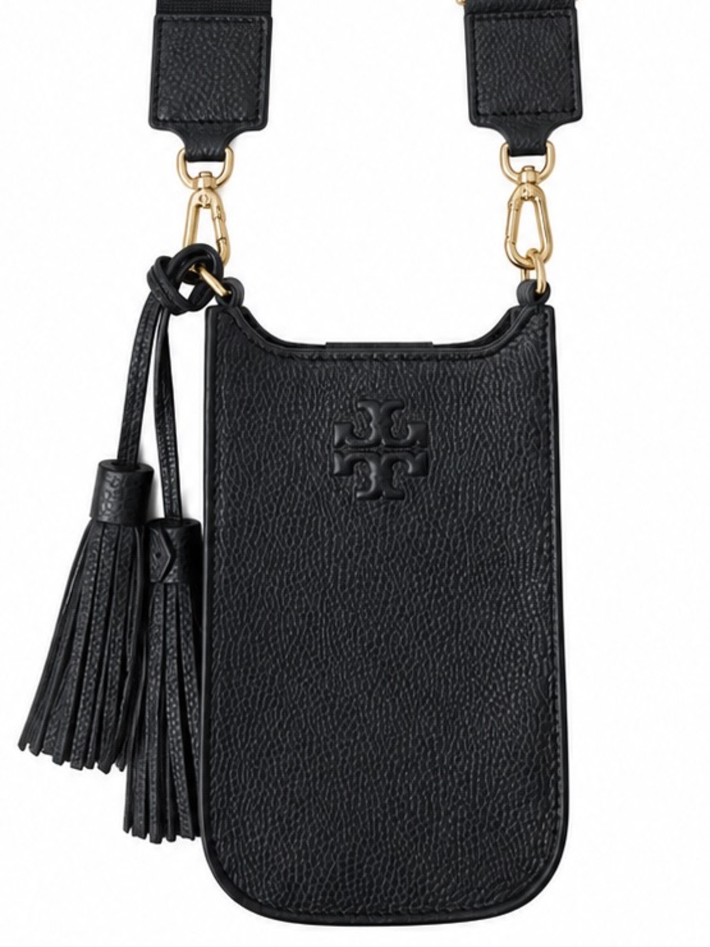 Tory Burch Thea Black Pebbled Leather Cell Phone Crossbody Bag Tassel